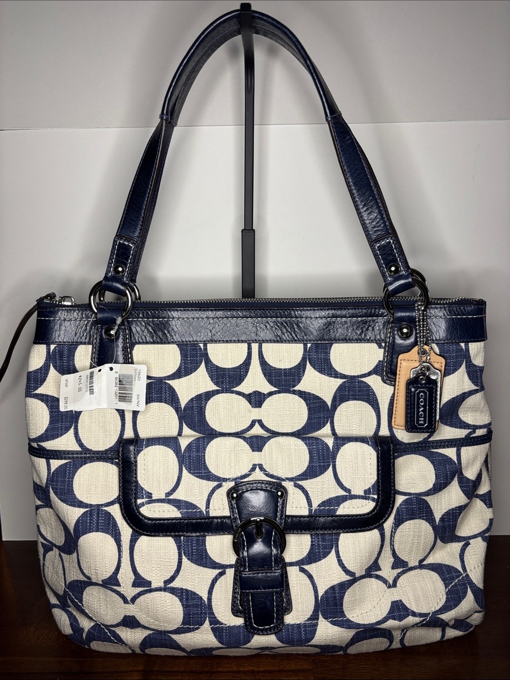 Coach NWT Poppy Signature Canvas 19620 White and Navy Blue Leather Tote